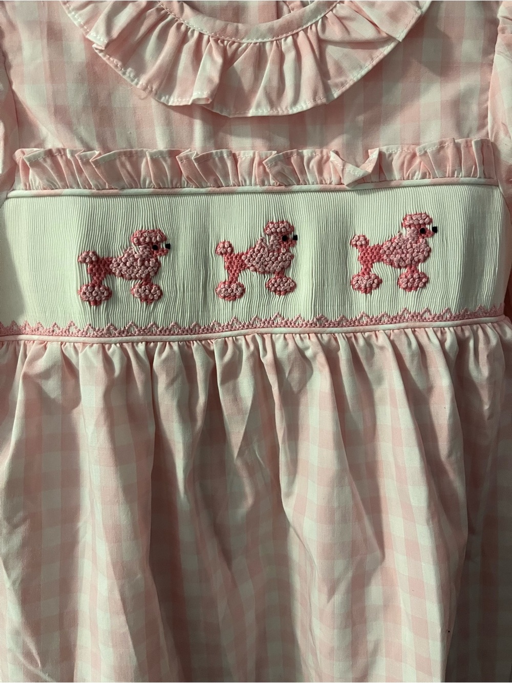 Pink Gingham Smocked Dress with Poodle Embroidery